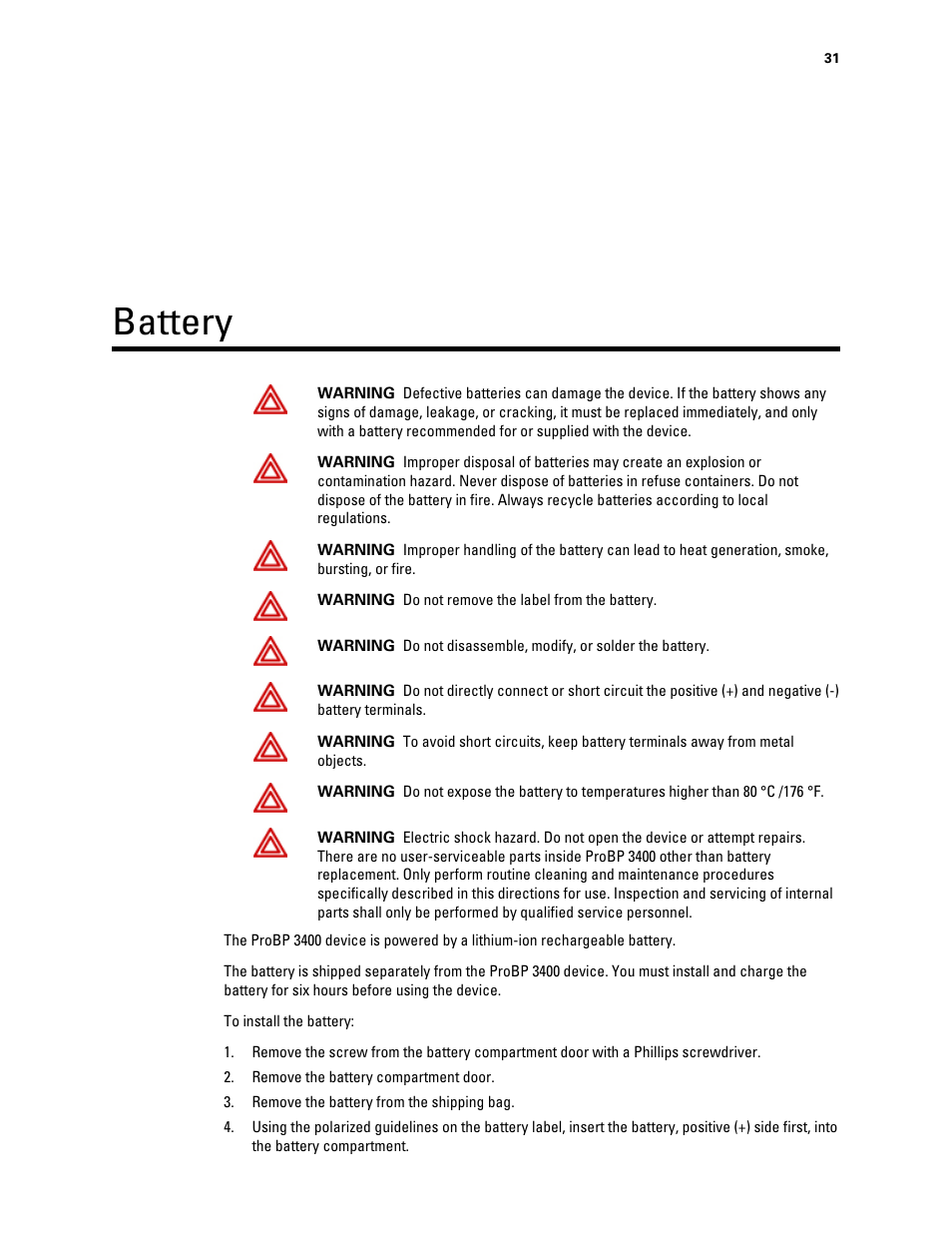 Battery | Welch Allyn Connex ProBP 3400 digital blood pressure device - User Manual User Manual | Page 37 / 80