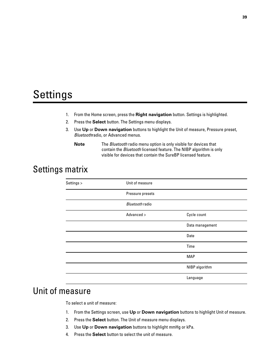 Settings, Settings matrix, Unit of measure | Welch Allyn Connex ProBP 3400 digital blood pressure device - User Manual User Manual | Page 45 / 80