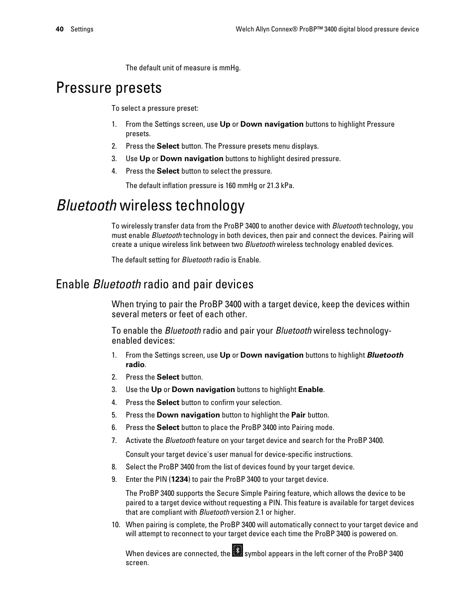 Pressure presets, Bluetooth wireless technology, Enable bluetooth radio and pair devices | Welch Allyn Connex ProBP 3400 digital blood pressure device - User Manual User Manual | Page 46 / 80