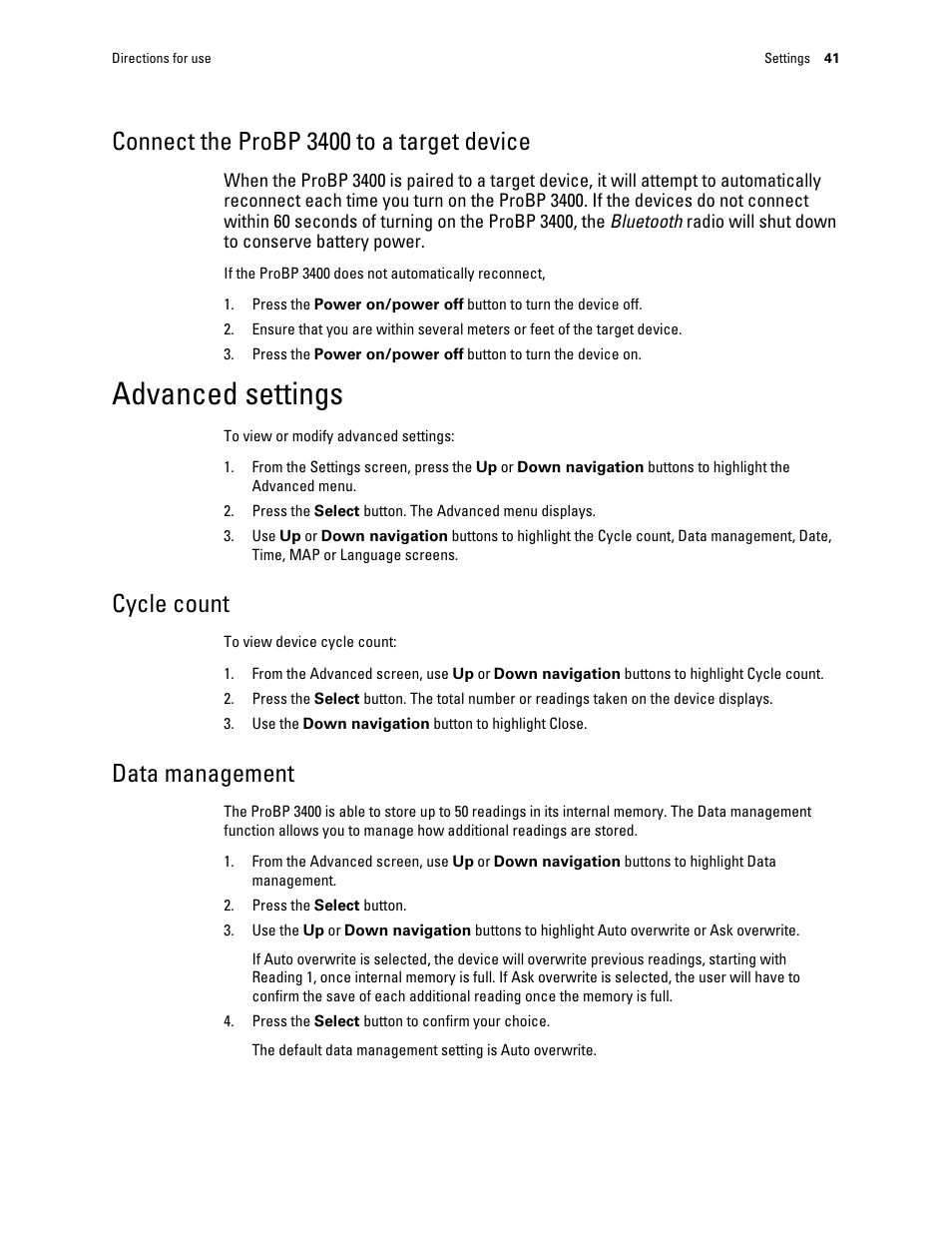 Connect the probp 3400 to a target device, Advanced settings, Cycle count | Data management | Welch Allyn Connex ProBP 3400 digital blood pressure device - User Manual User Manual | Page 47 / 80