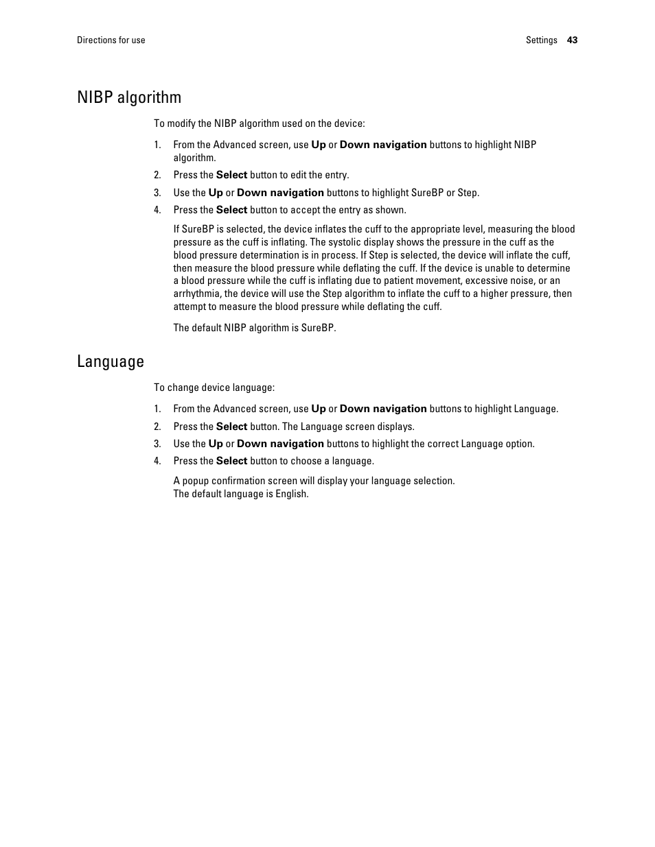 Nibp algorithm, Language | Welch Allyn Connex ProBP 3400 digital blood pressure device - User Manual User Manual | Page 49 / 80