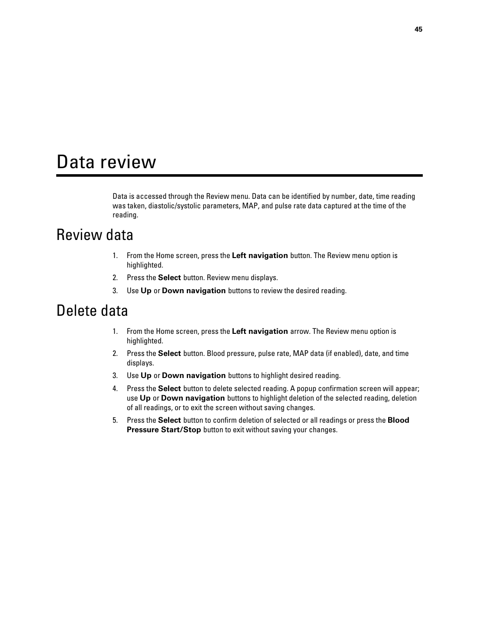 Data review, Review data, Delete data | Welch Allyn Connex ProBP 3400 digital blood pressure device - User Manual User Manual | Page 51 / 80