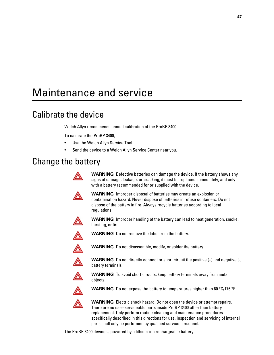 Maintenance and service, Calibrate the device, Change the battery | Welch Allyn Connex ProBP 3400 digital blood pressure device - User Manual User Manual | Page 53 / 80