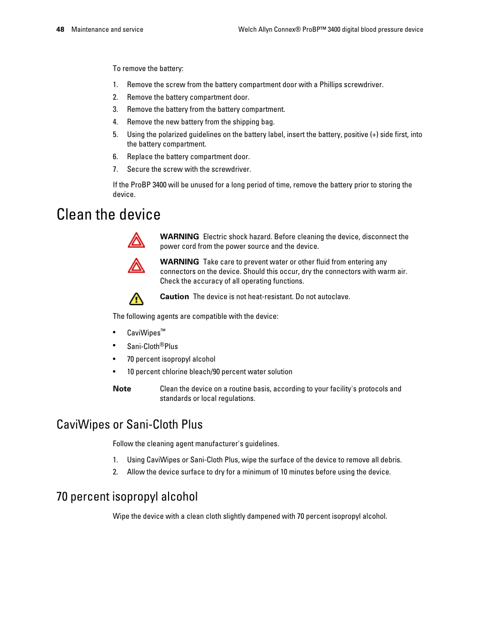 Clean the device, Caviwipes or sani-cloth plus, 70 percent isopropyl alcohol | Welch Allyn Connex ProBP 3400 digital blood pressure device - User Manual User Manual | Page 54 / 80