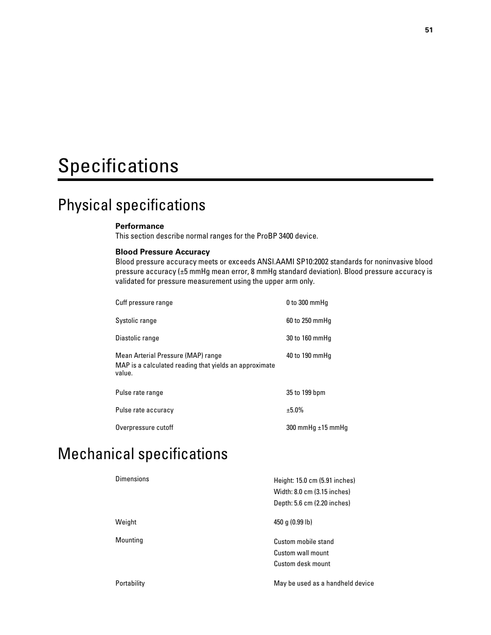 Specifications, Physical specifications, Mechanical specifications | Welch Allyn Connex ProBP 3400 digital blood pressure device - User Manual User Manual | Page 57 / 80