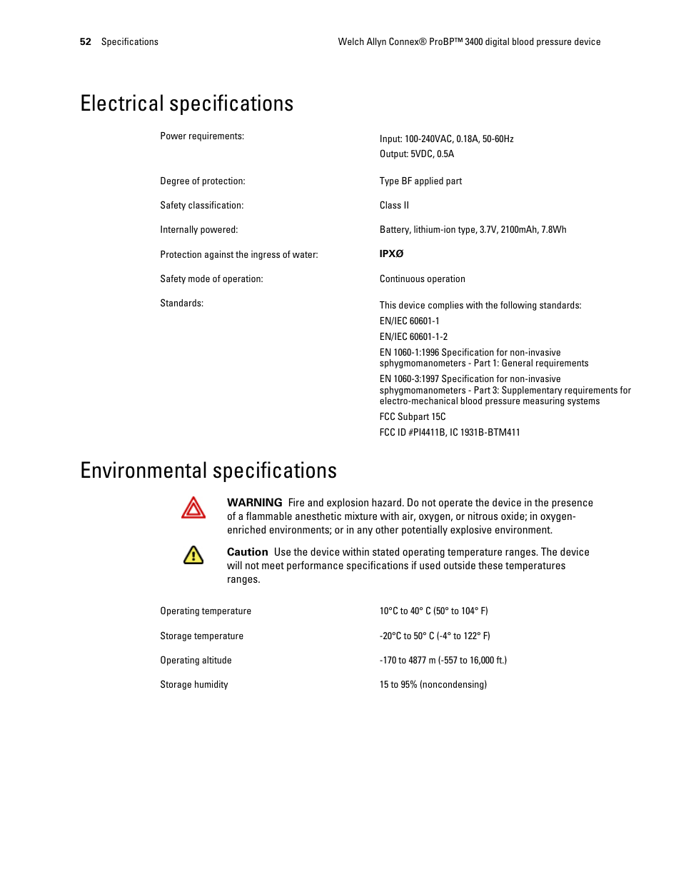 Electrical specifications, Environmental specifications | Welch Allyn Connex ProBP 3400 digital blood pressure device - User Manual User Manual | Page 58 / 80