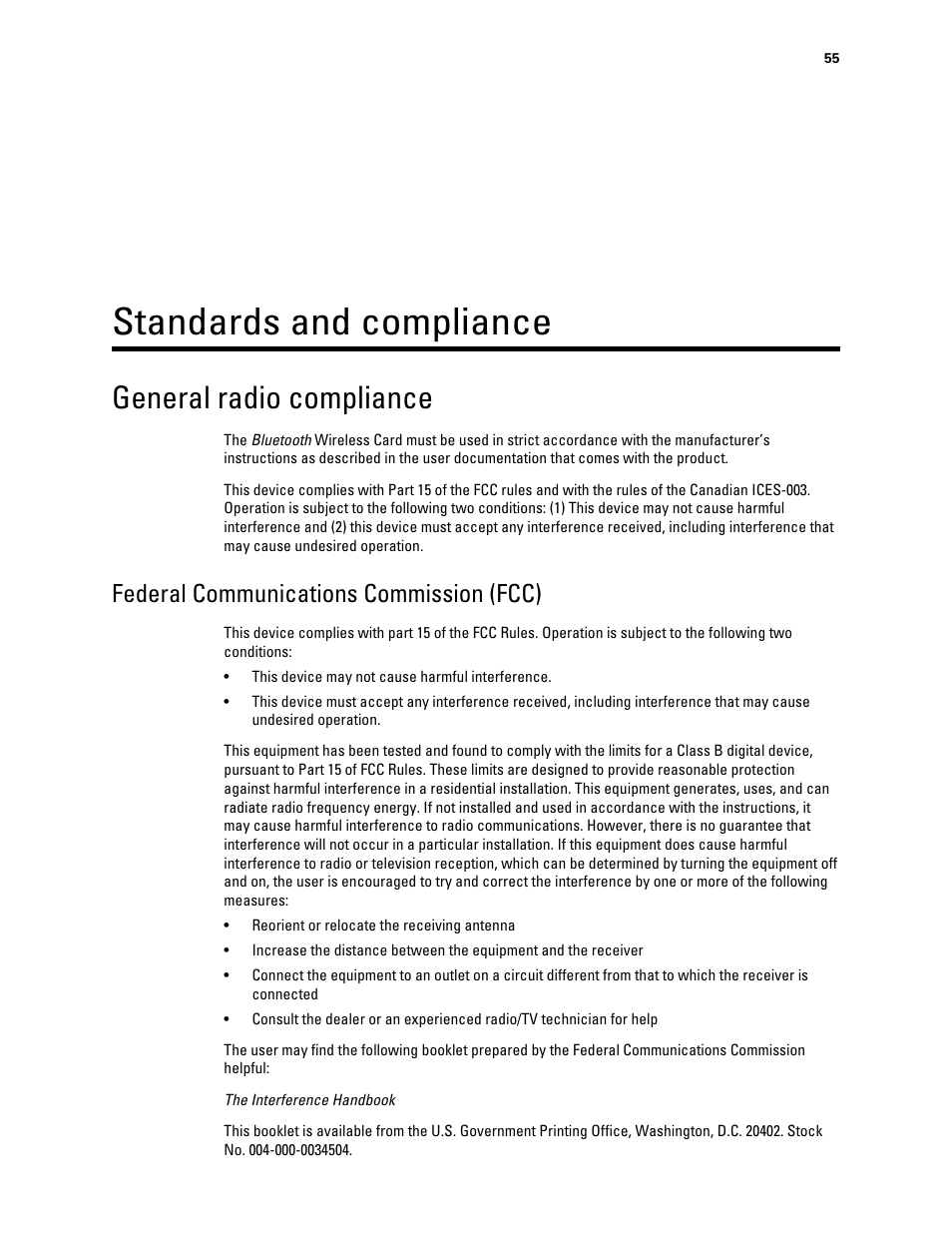 Standards and compliance, General radio compliance, Federal communications commission (fcc) | Welch Allyn Connex ProBP 3400 digital blood pressure device - User Manual User Manual | Page 61 / 80