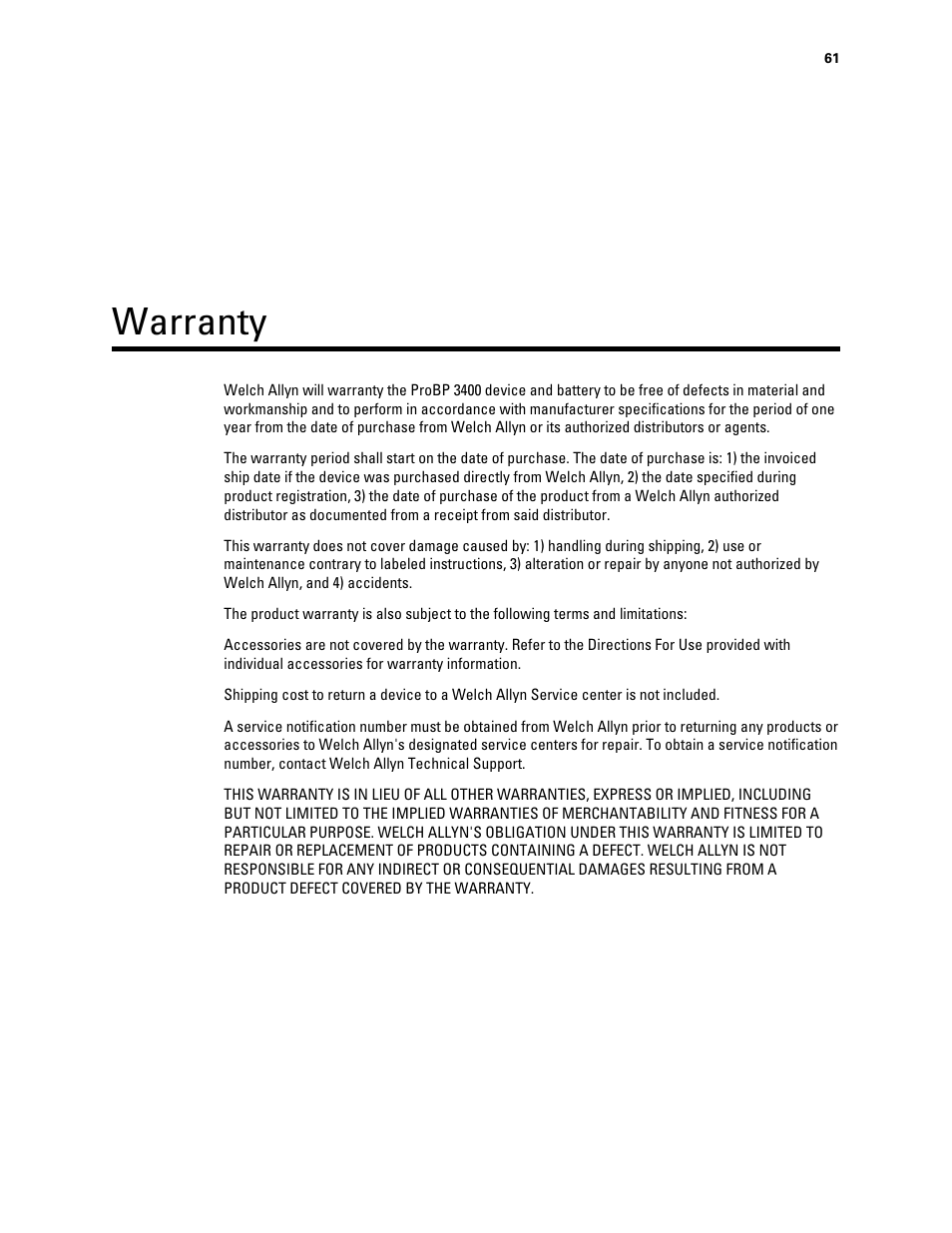 Warranty | Welch Allyn Connex ProBP 3400 digital blood pressure device - User Manual User Manual | Page 67 / 80