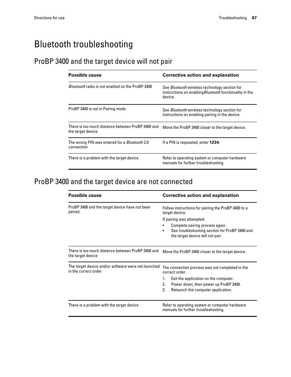 Bluetooth troubleshooting, Probp 3400 and the target device will not pair, Probp 3400 and the target device are not connected | Welch Allyn Connex ProBP 3400 digital blood pressure device - User Manual User Manual | Page 73 / 80