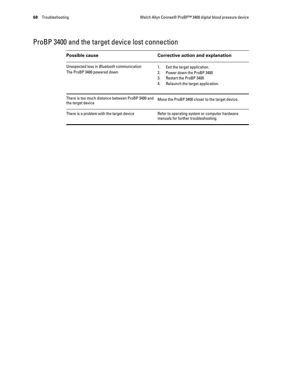 Probp 3400 and the target device lost connection | Welch Allyn Connex ProBP 3400 digital blood pressure device - User Manual User Manual | Page 74 / 80