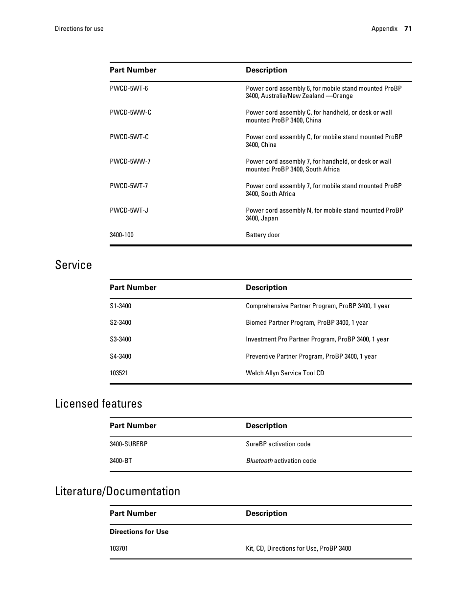 Service, Licensed features, Literature/documentation | Welch Allyn Connex ProBP 3400 digital blood pressure device - User Manual User Manual | Page 77 / 80