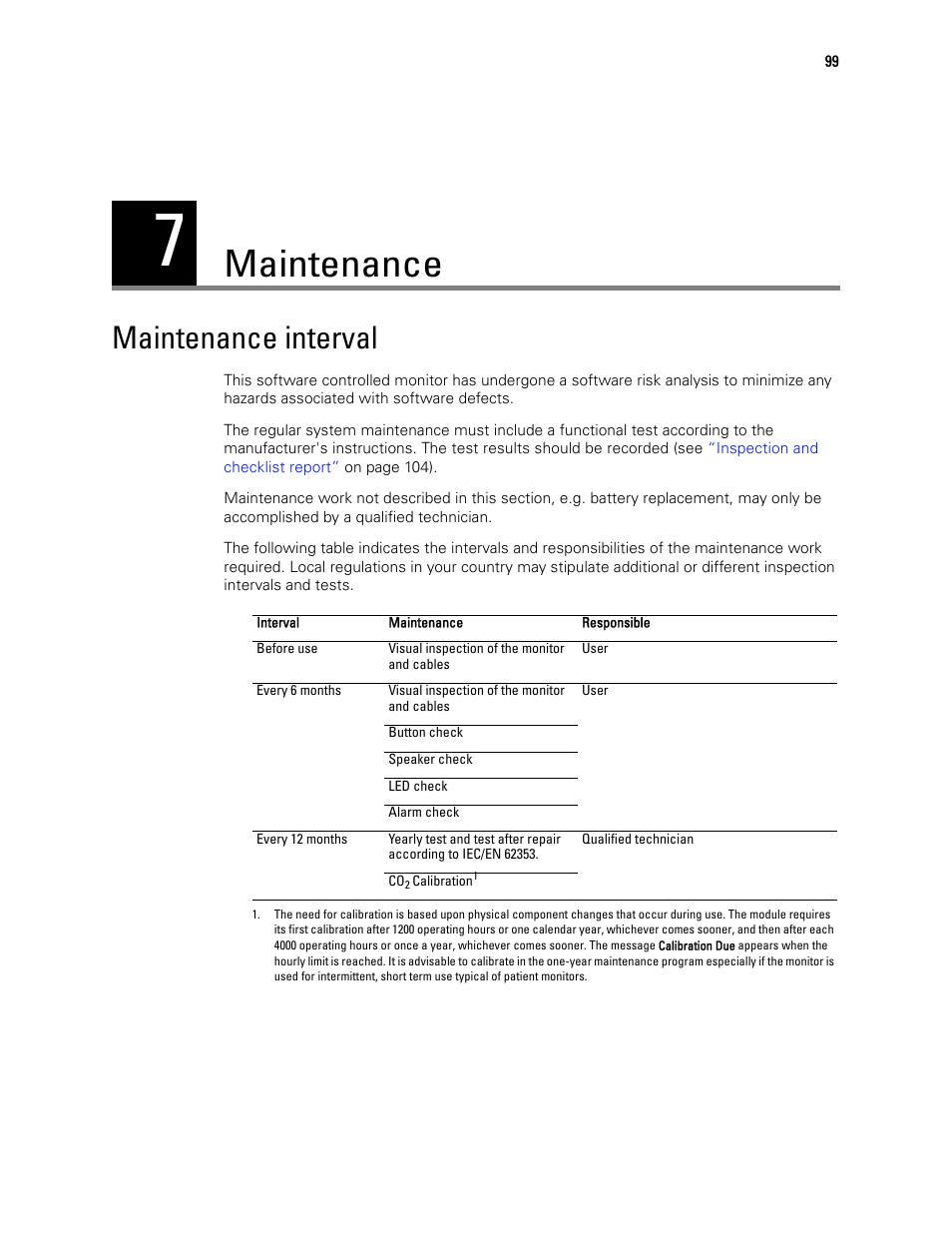 Maintenance, Maintenance interval, 7 - maintenance | Welch Allyn 1500 Patient Monitor v.1.4.X - User Manual User Manual | Page 103 / 144