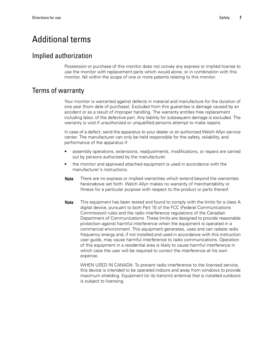 Additional terms, Implied authorization, Terms of warranty | Welch Allyn 1500 Patient Monitor v.1.4.X - User Manual User Manual | Page 11 / 144
