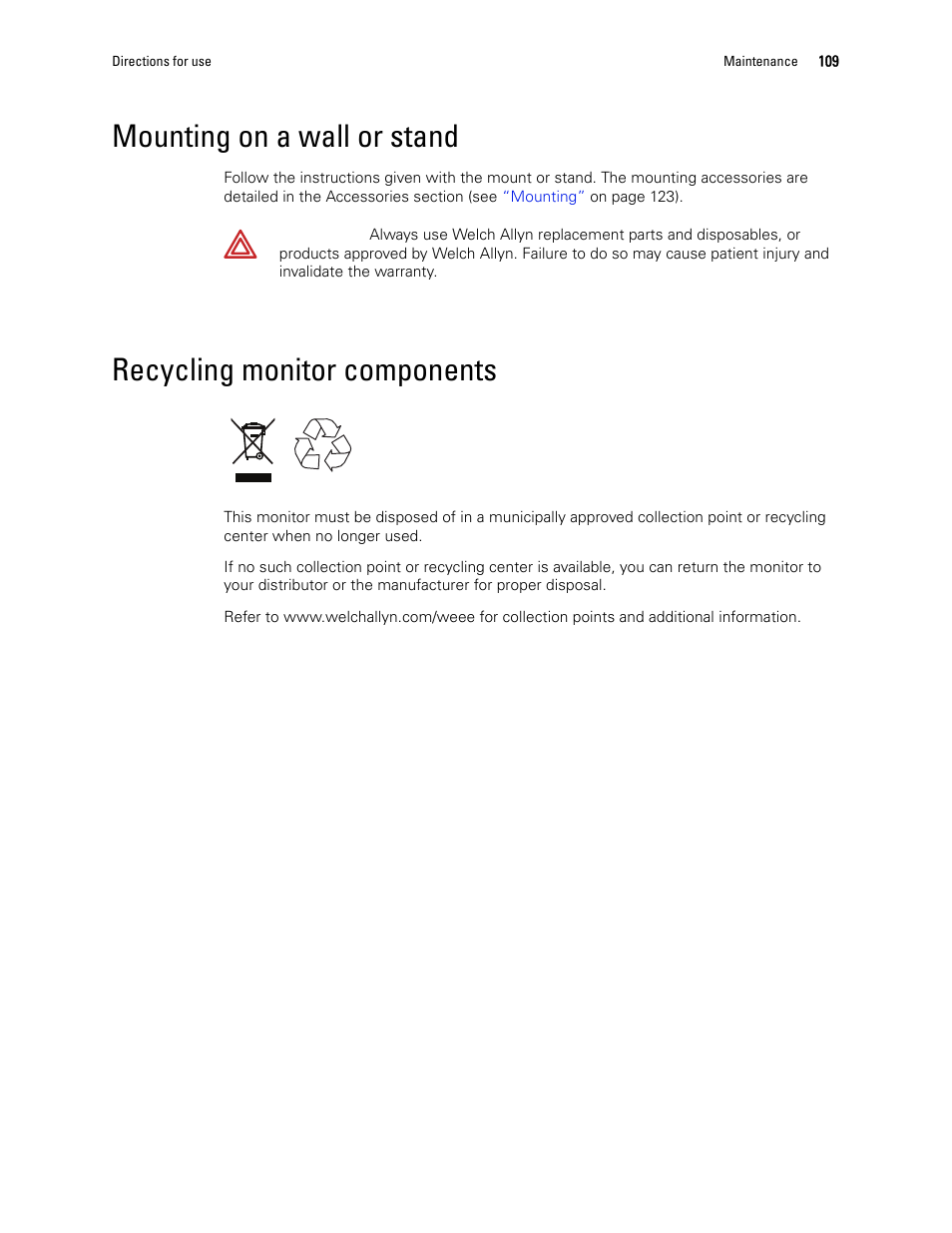 Mounting on a wall or stand, Recycling monitor components | Welch Allyn 1500 Patient Monitor v.1.4.X - User Manual User Manual | Page 113 / 144