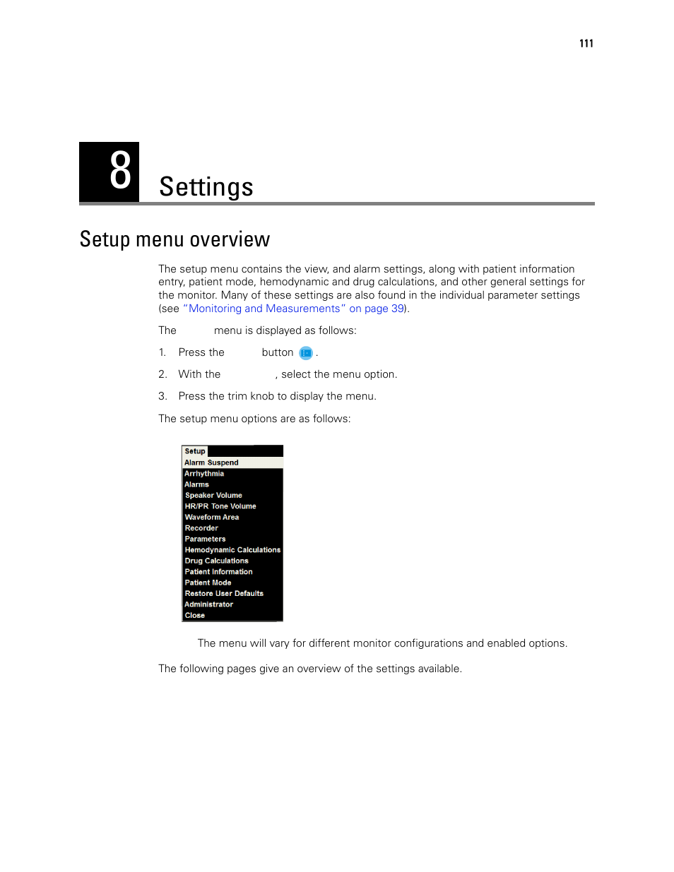 Settings, Setup menu overview, 8 - settings | Welch Allyn 1500 Patient Monitor v.1.4.X - User Manual User Manual | Page 115 / 144