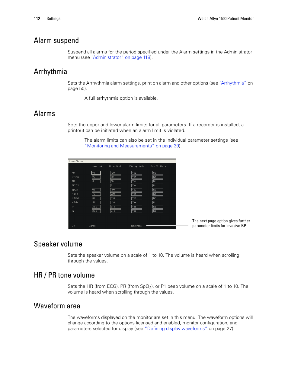 Alarm suspend, Arrhythmia, Alarms | Speaker volume, Hr / pr tone volume, Waveform area | Welch Allyn 1500 Patient Monitor v.1.4.X - User Manual User Manual | Page 116 / 144