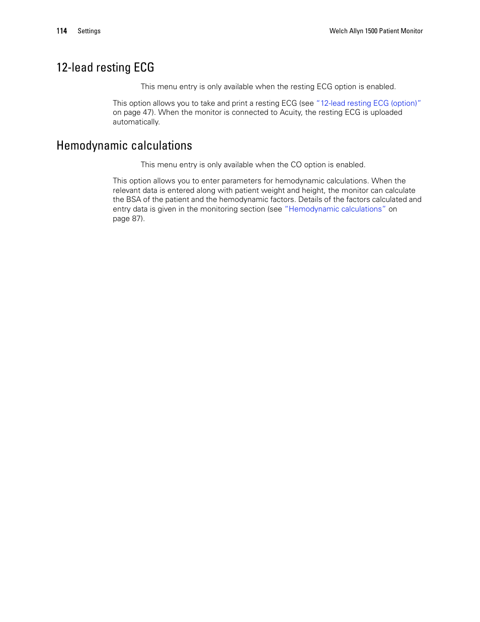 Lead resting ecg, Hemodynamic calculations | Welch Allyn 1500 Patient Monitor v.1.4.X - User Manual User Manual | Page 118 / 144