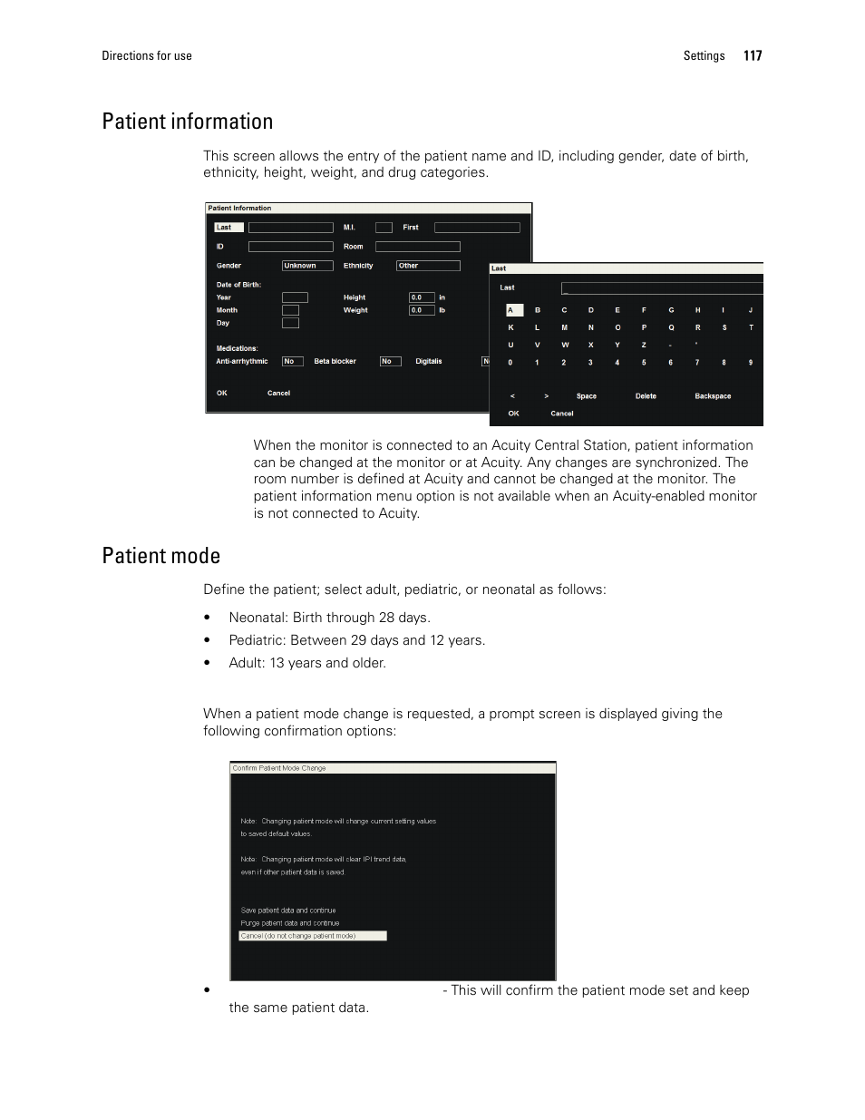 Patient information, Patient mode | Welch Allyn 1500 Patient Monitor v.1.4.X - User Manual User Manual | Page 121 / 144