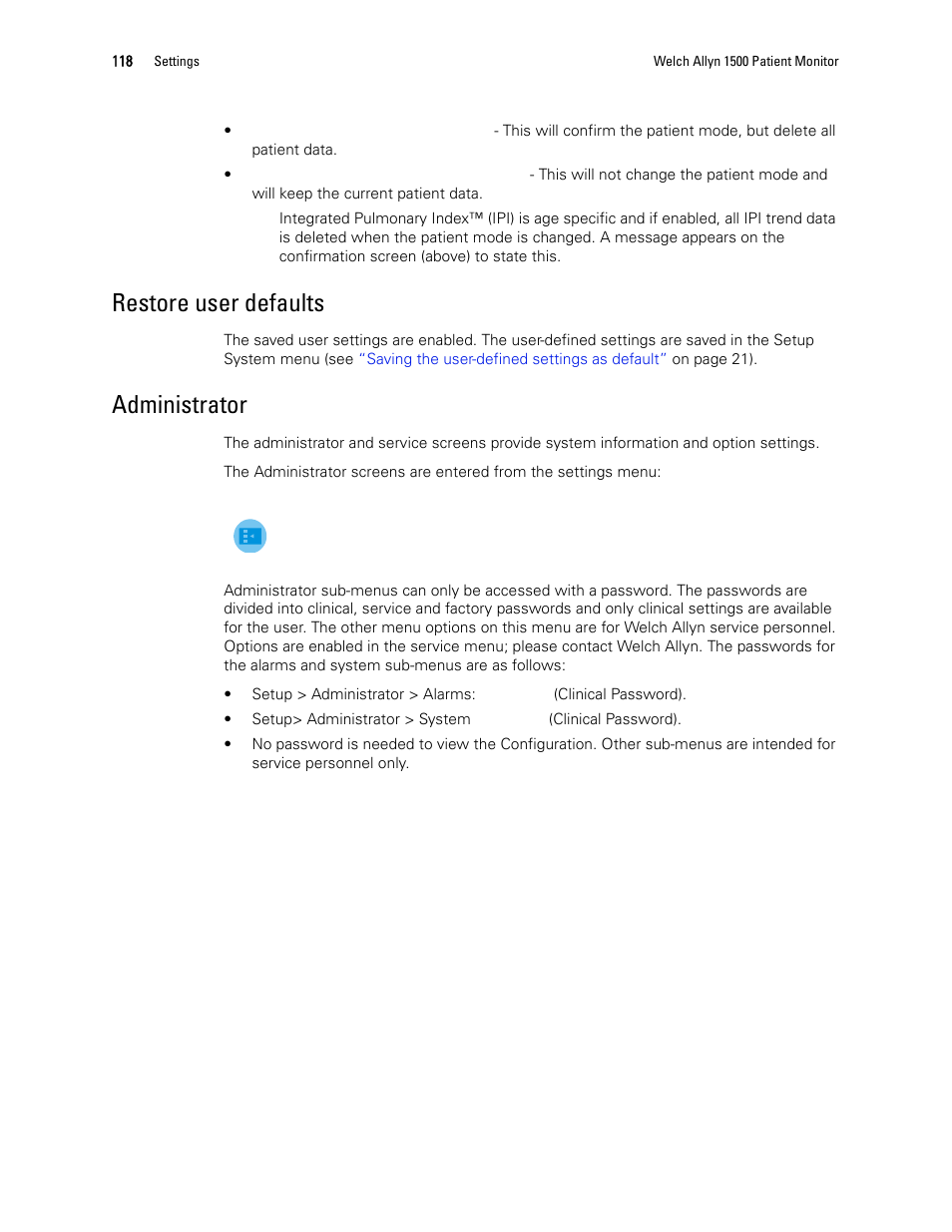 Restore user defaults, Administrator | Welch Allyn 1500 Patient Monitor v.1.4.X - User Manual User Manual | Page 122 / 144
