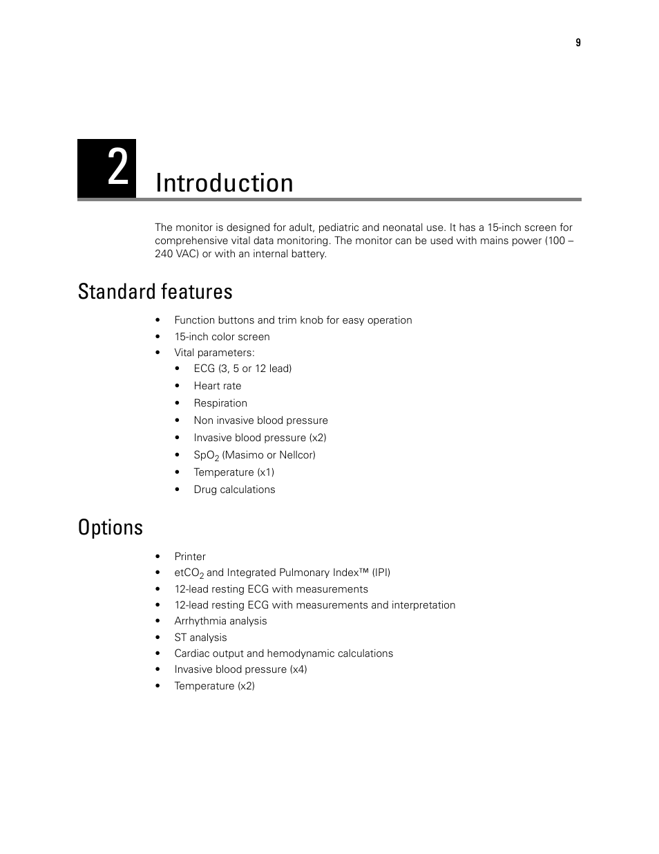 Introduction, Standard features, Options | 2 - introduction, Standard features options | Welch Allyn 1500 Patient Monitor v.1.4.X - User Manual User Manual | Page 13 / 144