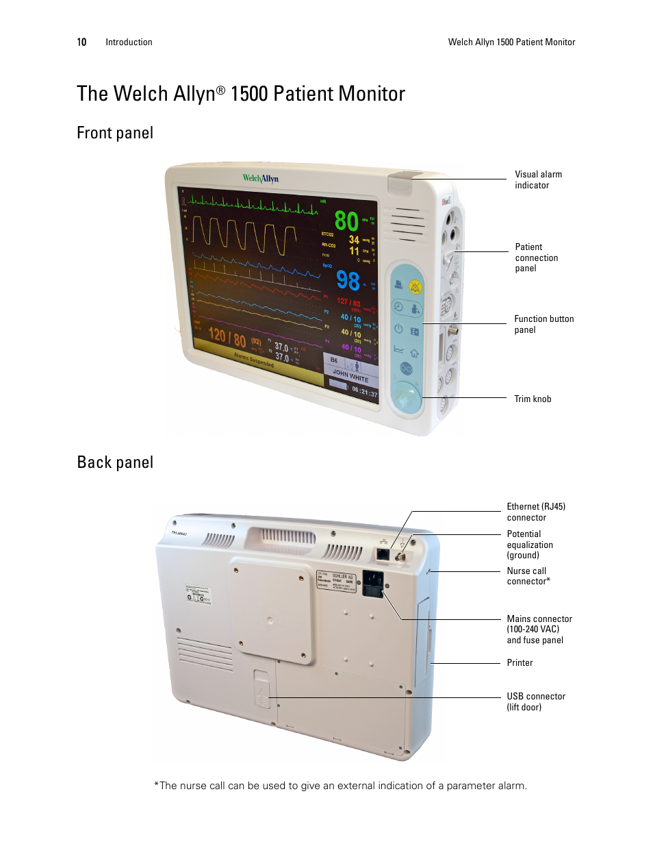 The welch allyn® 1500 patient monitor, Front panel, Back panel | The welch allyn, 1500 patient monitor, Front panel back panel | Welch Allyn 1500 Patient Monitor v.1.4.X - User Manual User Manual | Page 14 / 144