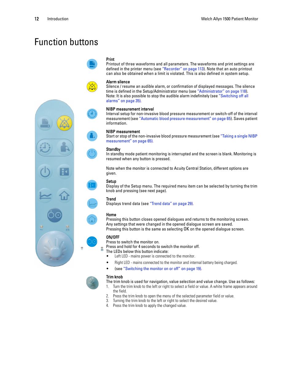 Function buttons | Welch Allyn 1500 Patient Monitor v.1.4.X - User Manual User Manual | Page 16 / 144