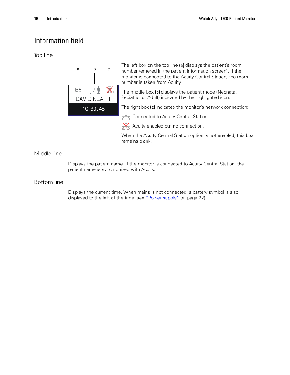 Information field, Information, Field | Welch Allyn 1500 Patient Monitor v.1.4.X - User Manual User Manual | Page 20 / 144
