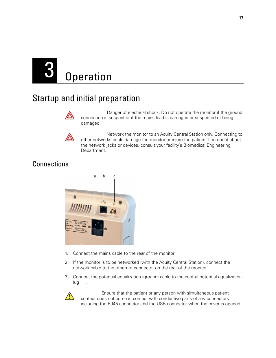 Operation, Startup and initial preparation, Connections | 3 - operation | Welch Allyn 1500 Patient Monitor v.1.4.X - User Manual User Manual | Page 21 / 144