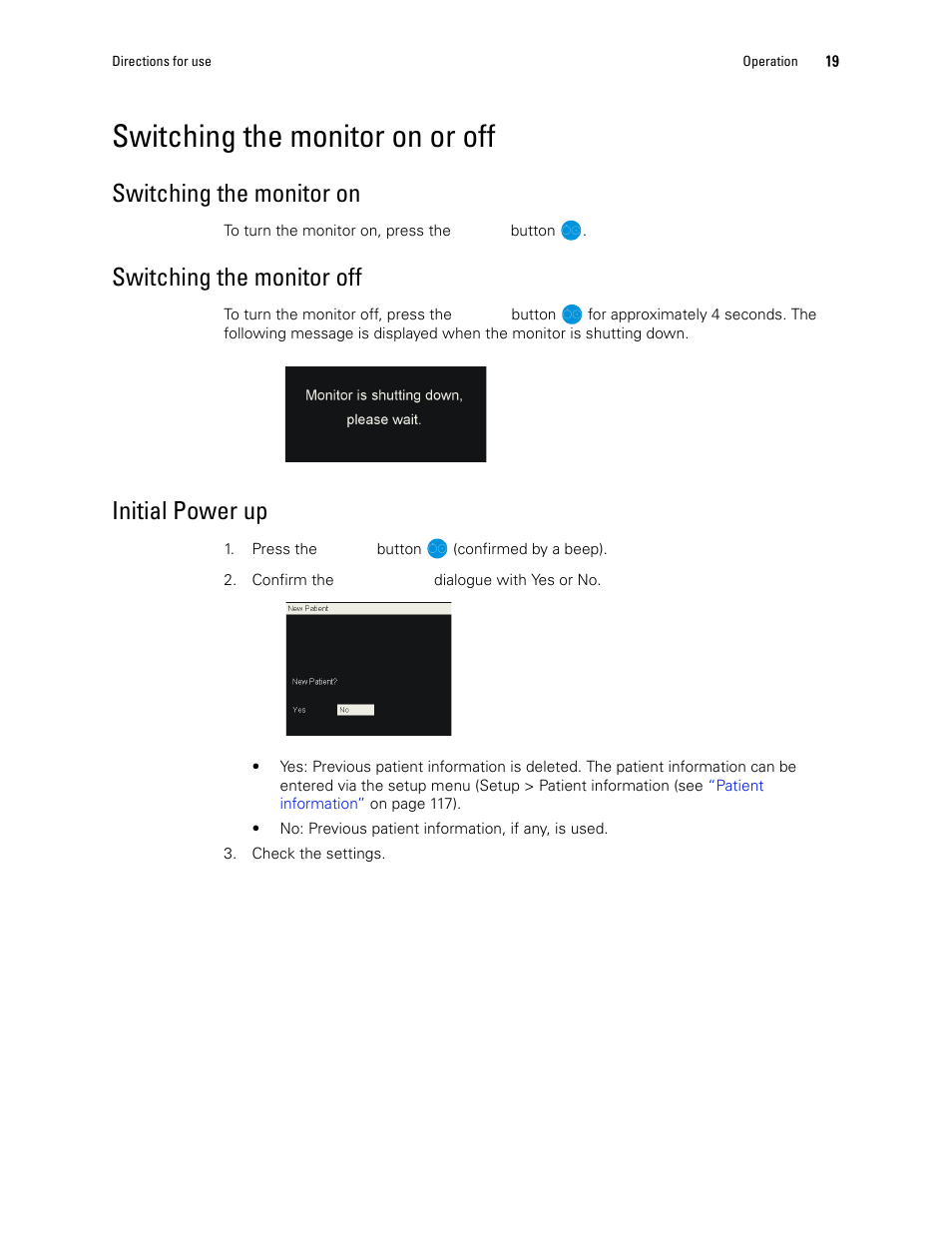 Switching the monitor on or off, Switching the monitor on, Switching the monitor off | Initial power up | Welch Allyn 1500 Patient Monitor v.1.4.X - User Manual User Manual | Page 23 / 144