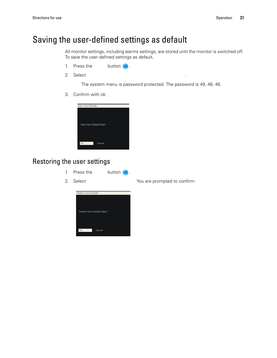 Saving the user-defined settings as default, Restoring the user settings | Welch Allyn 1500 Patient Monitor v.1.4.X - User Manual User Manual | Page 25 / 144