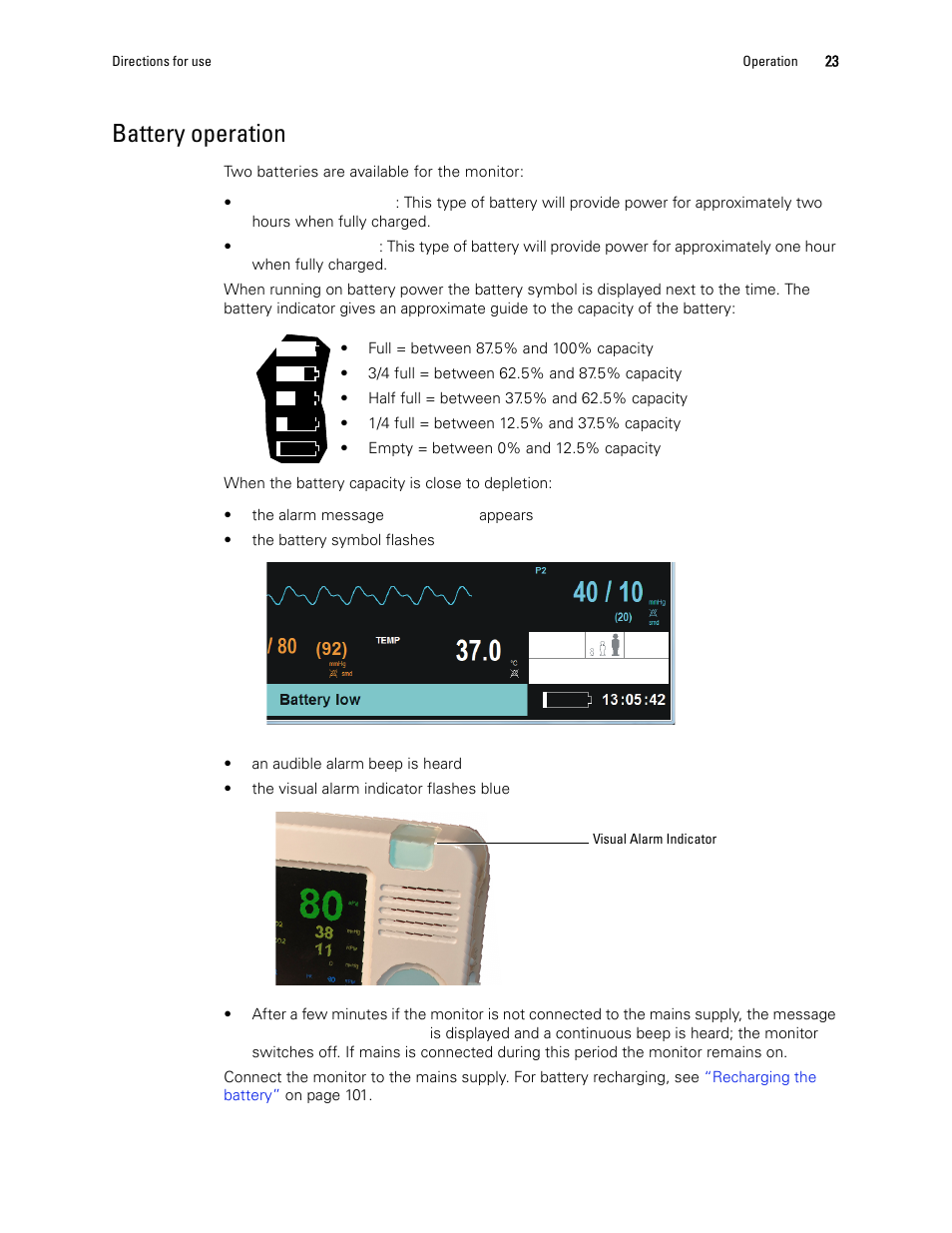 Battery operation | Welch Allyn 1500 Patient Monitor v.1.4.X - User Manual User Manual | Page 27 / 144