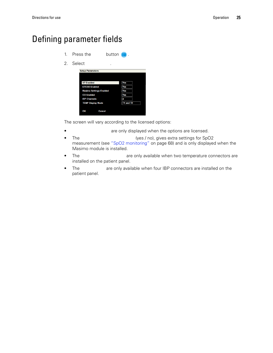 Defining parameter fields, Ion (see | Welch Allyn 1500 Patient Monitor v.1.4.X - User Manual User Manual | Page 29 / 144