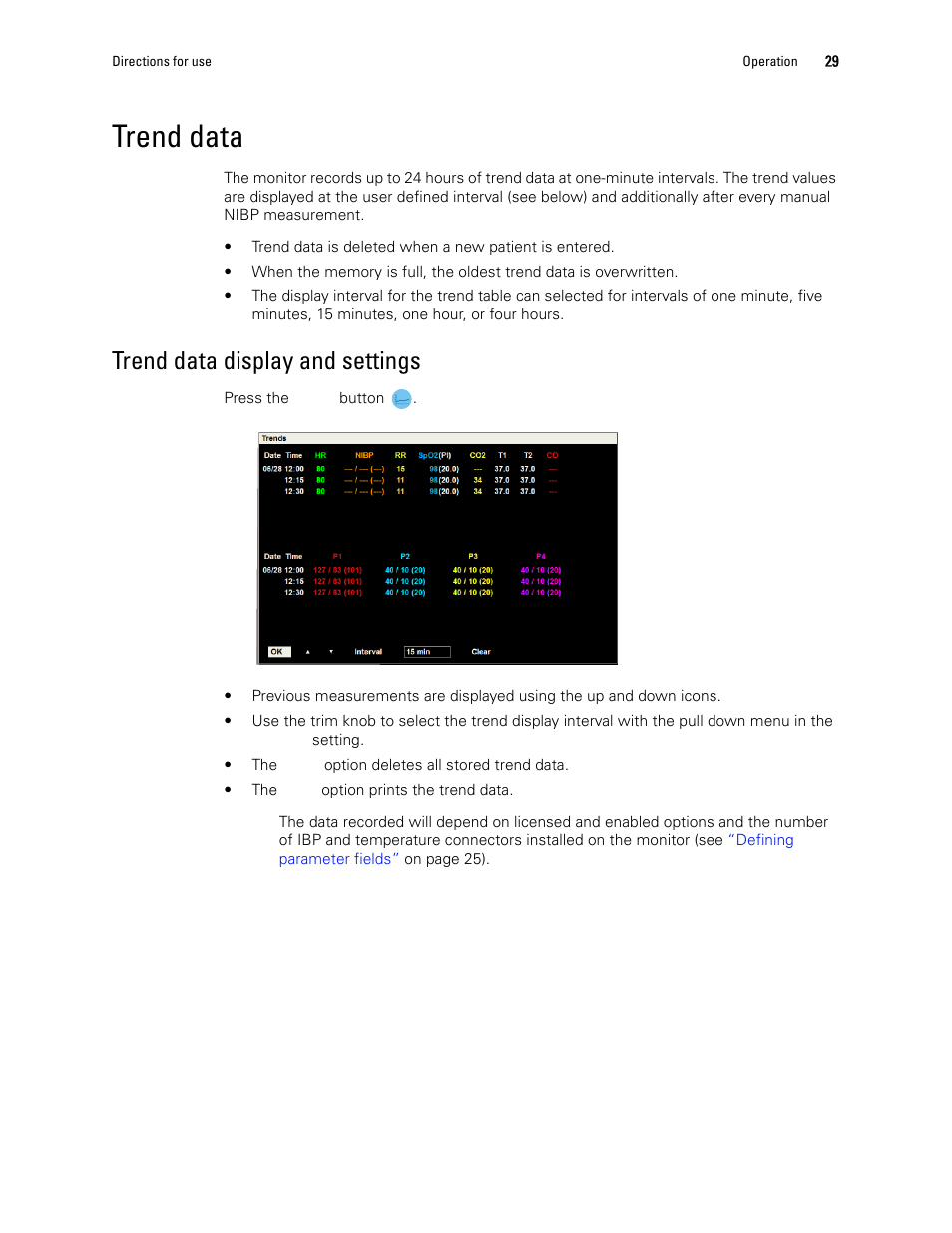 Trend data, Trend data display and settings | Welch Allyn 1500 Patient Monitor v.1.4.X - User Manual User Manual | Page 33 / 144