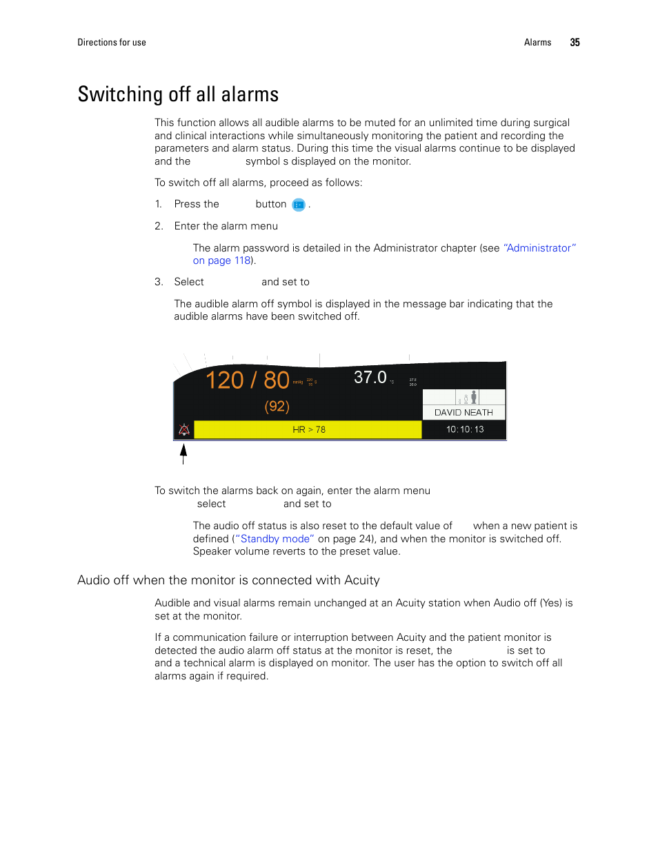 Switching off all alarms, Switching off all | Welch Allyn 1500 Patient Monitor v.1.4.X - User Manual User Manual | Page 39 / 144