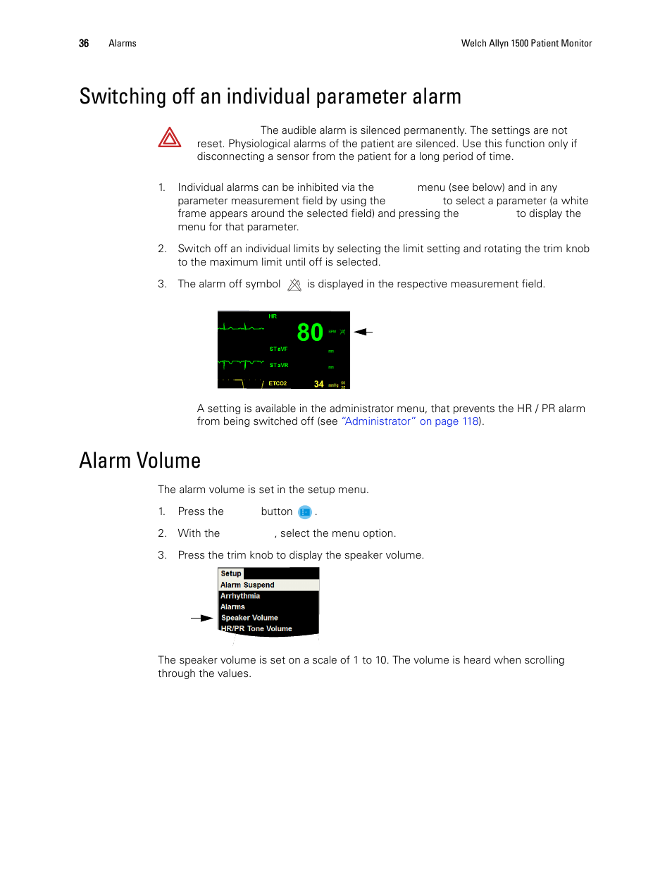 Switching off an individual parameter alarm, Alarm volume | Welch Allyn 1500 Patient Monitor v.1.4.X - User Manual User Manual | Page 40 / 144