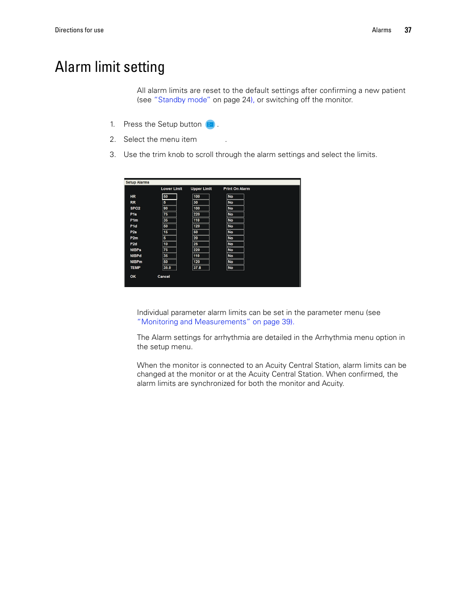 Alarm limit setting | Welch Allyn 1500 Patient Monitor v.1.4.X - User Manual User Manual | Page 41 / 144