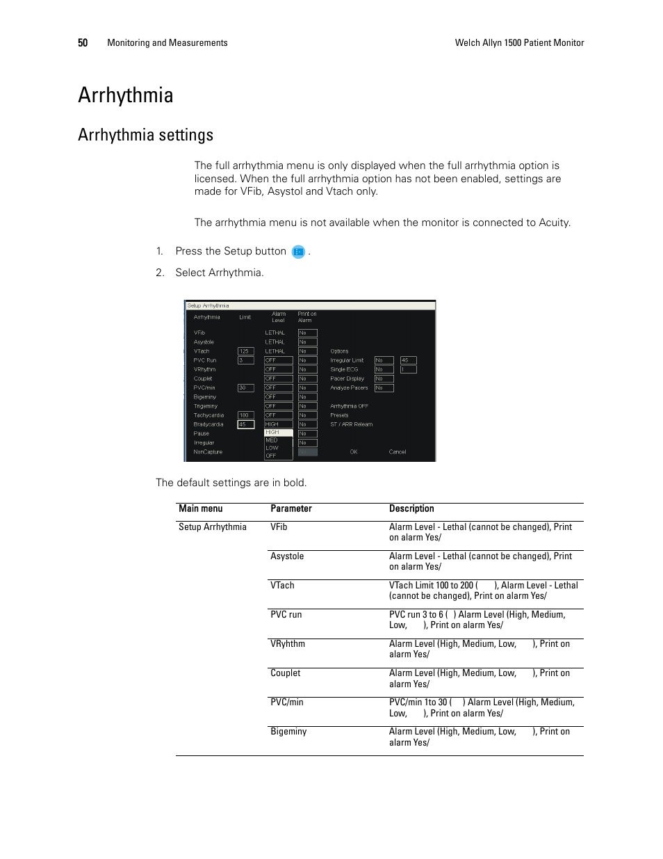 Arrhythmia, Arrhythmia settings | Welch Allyn 1500 Patient Monitor v.1.4.X - User Manual User Manual | Page 54 / 144