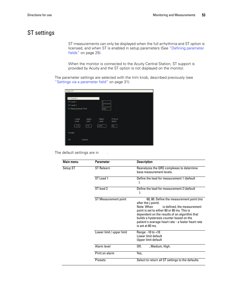 St settings | Welch Allyn 1500 Patient Monitor v.1.4.X - User Manual User Manual | Page 57 / 144