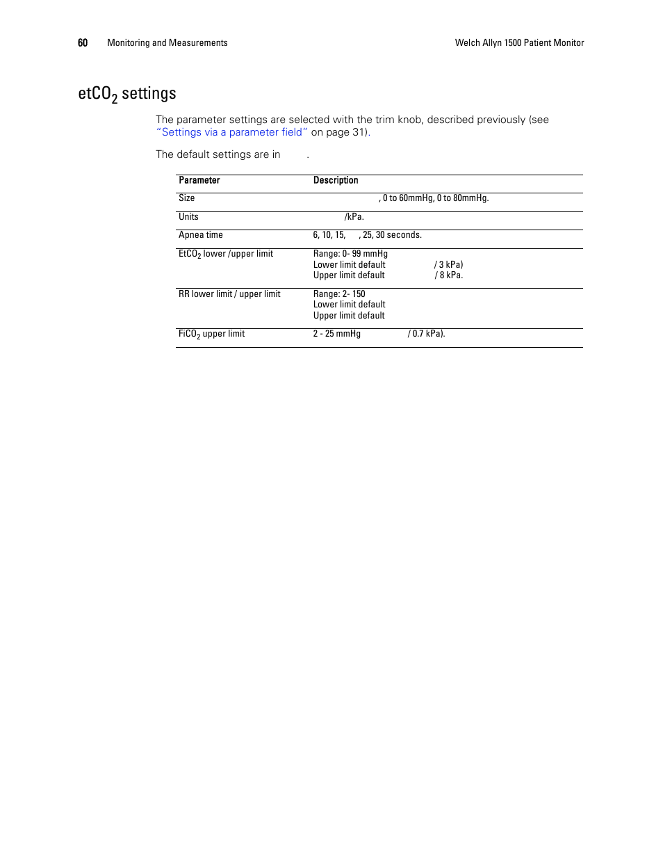 Etco2 settings, Etco, Settings | Welch Allyn 1500 Patient Monitor v.1.4.X - User Manual User Manual | Page 64 / 144