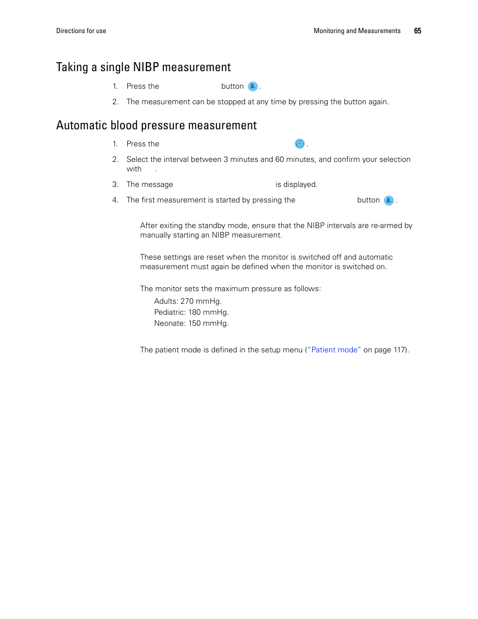 Taking a single nibp measurement, Automatic blood pressure measurement, Saves | Taking a single nibp | Welch Allyn 1500 Patient Monitor v.1.4.X - User Manual User Manual | Page 69 / 144