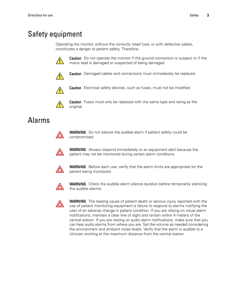 Safety equipment, Alarms, Safety equipment alarms | Welch Allyn 1500 Patient Monitor v.1.4.X - User Manual User Manual | Page 7 / 144