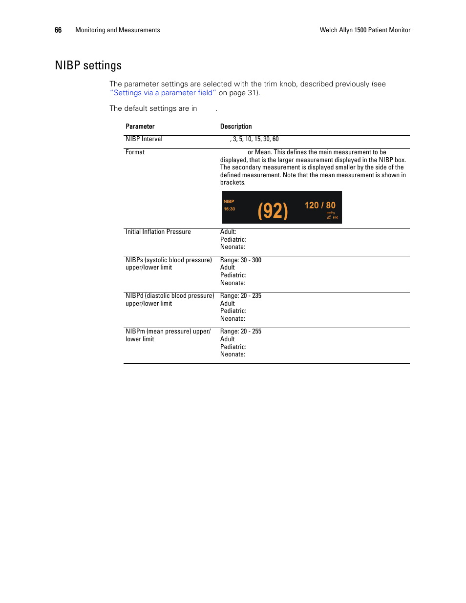 Nibp settings | Welch Allyn 1500 Patient Monitor v.1.4.X - User Manual User Manual | Page 70 / 144