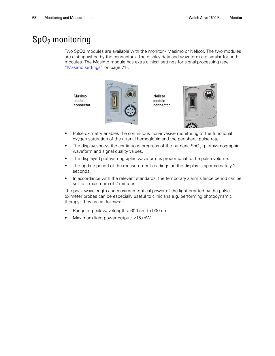 Spo2 monitoring, Monitoring | Welch Allyn 1500 Patient Monitor v.1.4.X - User Manual User Manual | Page 72 / 144
