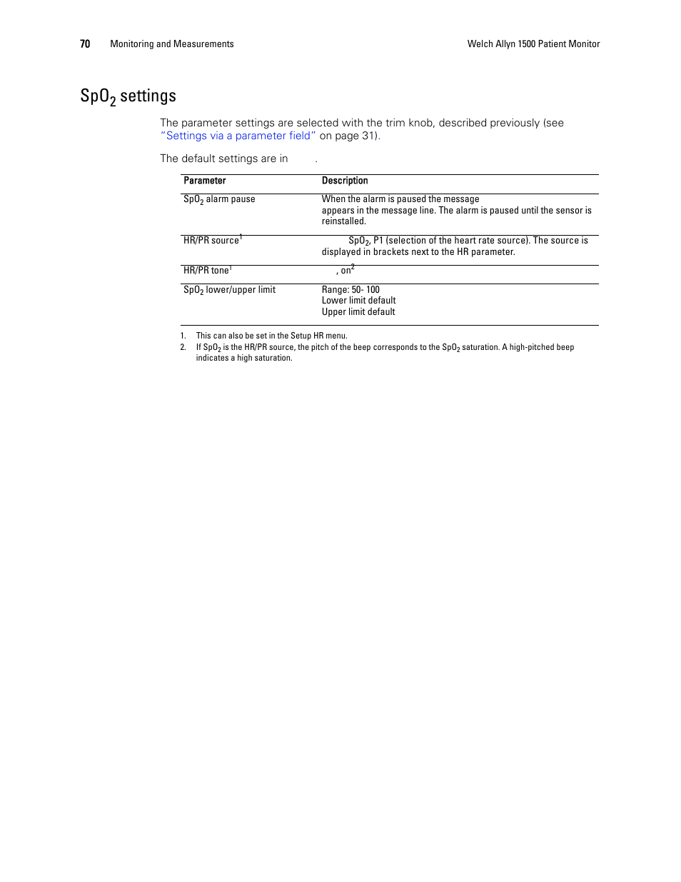 Spo2 settings, Settings | Welch Allyn 1500 Patient Monitor v.1.4.X - User Manual User Manual | Page 74 / 144