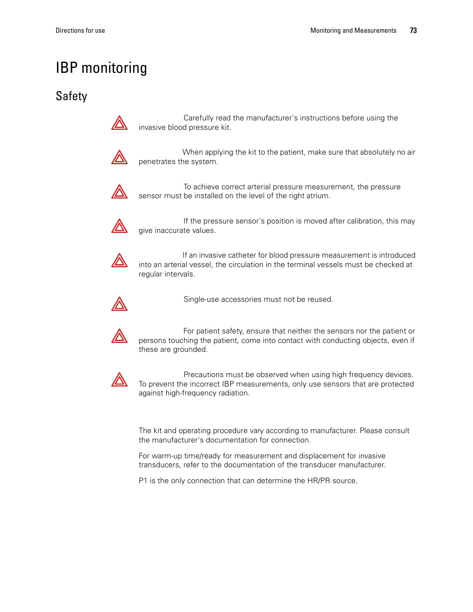 Ibp monitoring, Safety | Welch Allyn 1500 Patient Monitor v.1.4.X - User Manual User Manual | Page 77 / 144