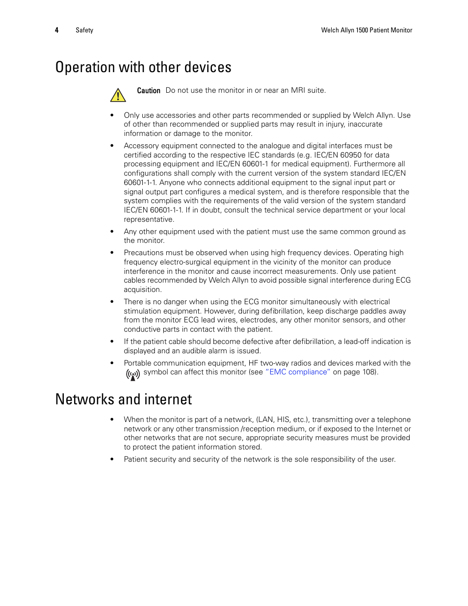 Operation with other devices, Networks and internet, Operation with other devices networks and internet | Welch Allyn 1500 Patient Monitor v.1.4.X - User Manual User Manual | Page 8 / 144