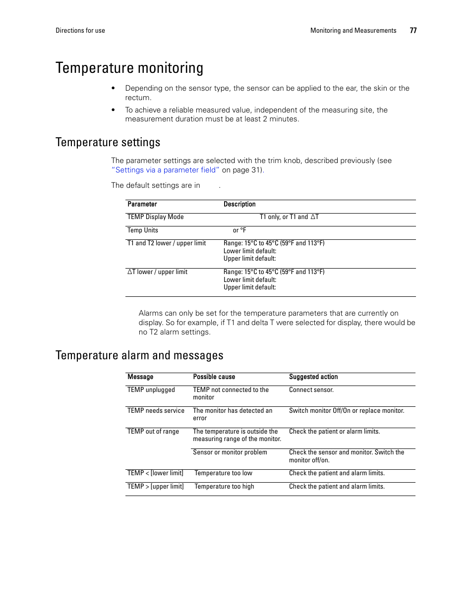 Temperature monitoring, Temperature settings, Temperature alarm and messages | Welch Allyn 1500 Patient Monitor v.1.4.X - User Manual User Manual | Page 81 / 144