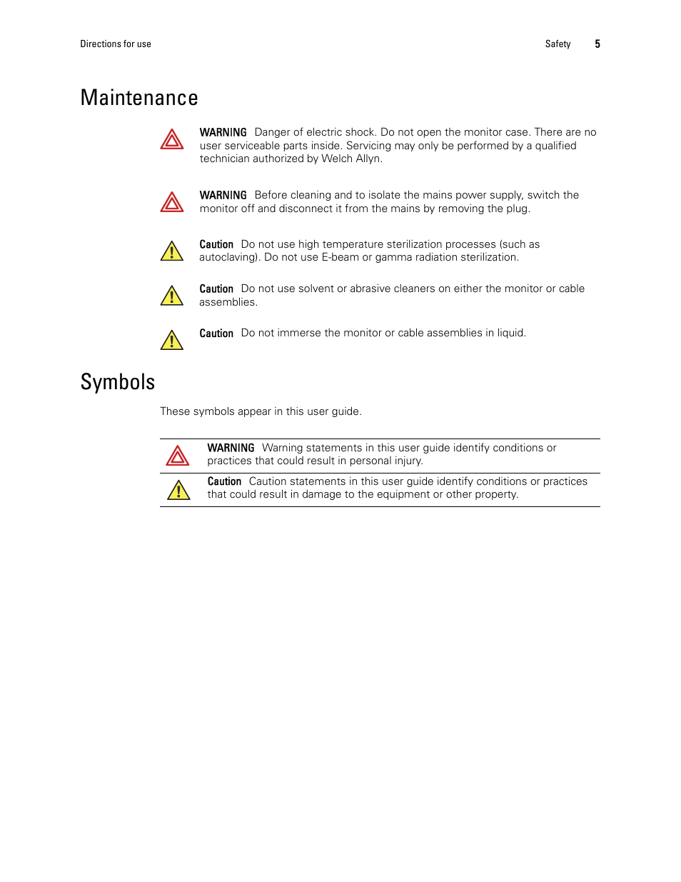 Maintenance, Symbols, Maintenance symbols | Welch Allyn 1500 Patient Monitor v.1.4.X - User Manual User Manual | Page 9 / 144