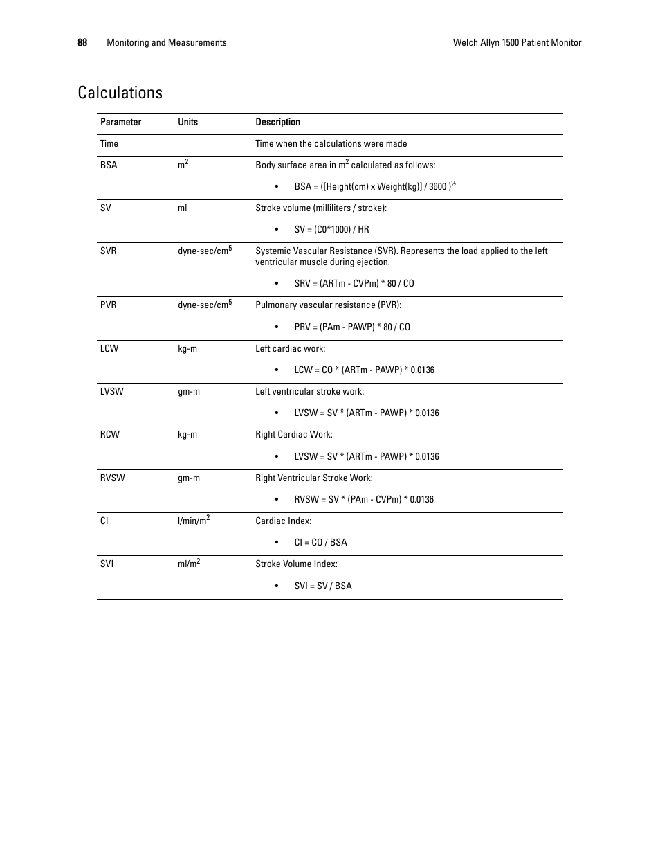 Calculations | Welch Allyn 1500 Patient Monitor v.1.4.X - User Manual User Manual | Page 92 / 144