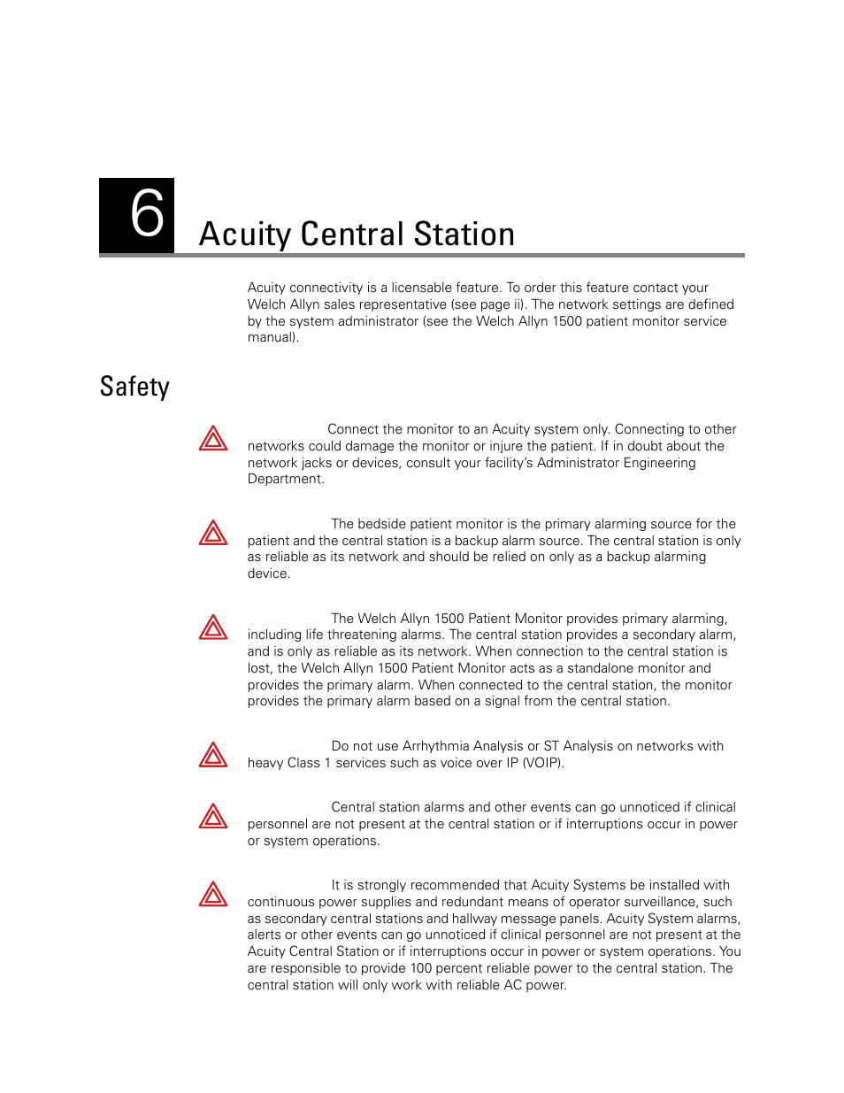 Acuity central station, Safety, 6 - acuity central station | Welch Allyn 1500 Patient Monitor v.1.4.X - User Manual User Manual | Page 95 / 144